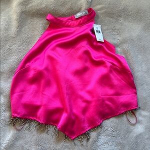 Buckle NWT Pink Satin Halter crop Top with Beaded fringe size L